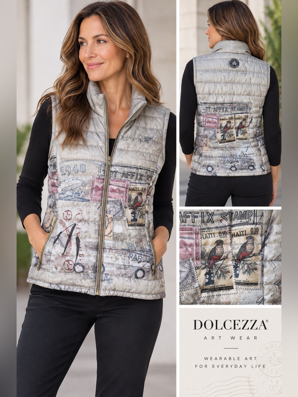 Dolcezza Paris Postcard Print Quilted Artistic Vest in Light Gray Size M or L